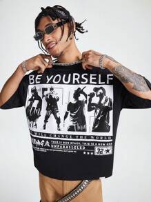 AXEPEAK 男士宽松图案及标语印花圆领短袖复古T恤，夏季，街头风