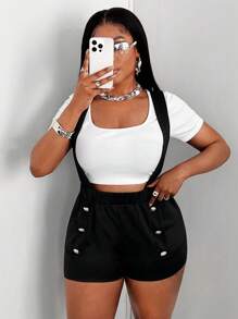 Maweii Plus Button Detail Suspender Shorts Without Tee