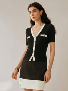 Gloray Knit Colorblock Elegant Buttoned Cardigan Top For Women, Spring/Summer - Black and White - View 3