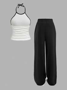 SHEIN 2 Stücke/Set für Teenager Mädchen Lässiger Sport Buchstaben & Symbol Muster weiß ärmellos Strick-Trägertop und weite Hose mit Kordel Dekor, vielseitige Sommer Mode