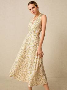 Poéselle Women's Romantic Yellow Ditsy Floral Ruched Waist Backless Halter Dress, Suitable For Vacation