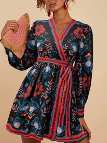 Travachic Váy sơ mi họa tiết hoa tay dài cho nữ, váy - màu đen - Xem 6