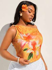 SHEIN SXY Plus Size Women's Spring And Summer Asymmetrical Shoulder Short Style Blooming Large Flower Print,Suitable For Early Spring, Spring And Summer, Rainforest, Beach Party, Seaside Vacation, Bonfire Party, Cool And Light, Slim Fit, Comfortable To Wear,Easy To Match&Looks Slim,Accent Your Body,Flatter The Figure