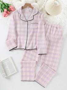 2pcs/Set Spring Tween Girls Beige Plaid Print Long Sleeve Top And Pants Casual Loungewear Set - Multicolor - View 5