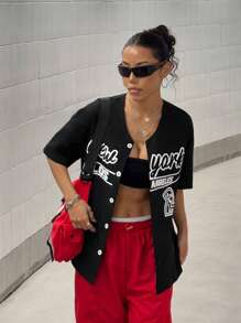 StreetHx Oversized Women Casual Solid Color & Contrast Print Short Sleeve Button Down Shirt - Black - View 3