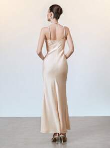 SHEIN LUNE Women's French Style Lace Faux Silk Blend Diamond Strap Sexy Fitted Deep V-Neck Maxi Fishtail Dress, Suitable For Party Spring/Summer - Champagne - View 9