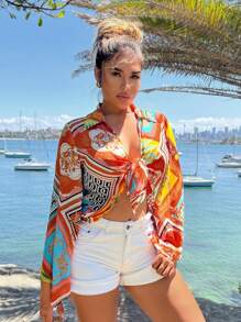 SHEIN SXY 海滩度假几何波尔卡圆点复古图案印花女式轻薄雪纺长袖衬衫 - 彩色 - 查看 5