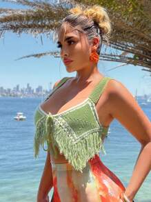 SHEIN SXY Áo hai dây đan hở lưng cổ chữ V sâu cho nữ có viền tua rua, màu xanh lá cây, thường ngày mùa hè, hẹn hò, trang phục đi nghỉ - Nhiều màu - Xem 5