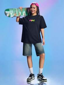 THE POWERPUFF GIRLS X SHEIN Women's Casual Blossom, Bubbles, Buttercup Pattern Short Sleeve Black Oversized T-Shirt, Summer/Spring - Black - View 5