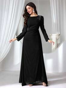 奢华长袖晚礼服、优雅黑色晚礼服、婚礼宾客礼服、正式礼服 - 黑色 - 查看 4