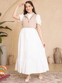Conjunto casual de 2 piezas de vestido largo con manga abullonada y chaleco para niña adolescente - Multicolor - Ver 4