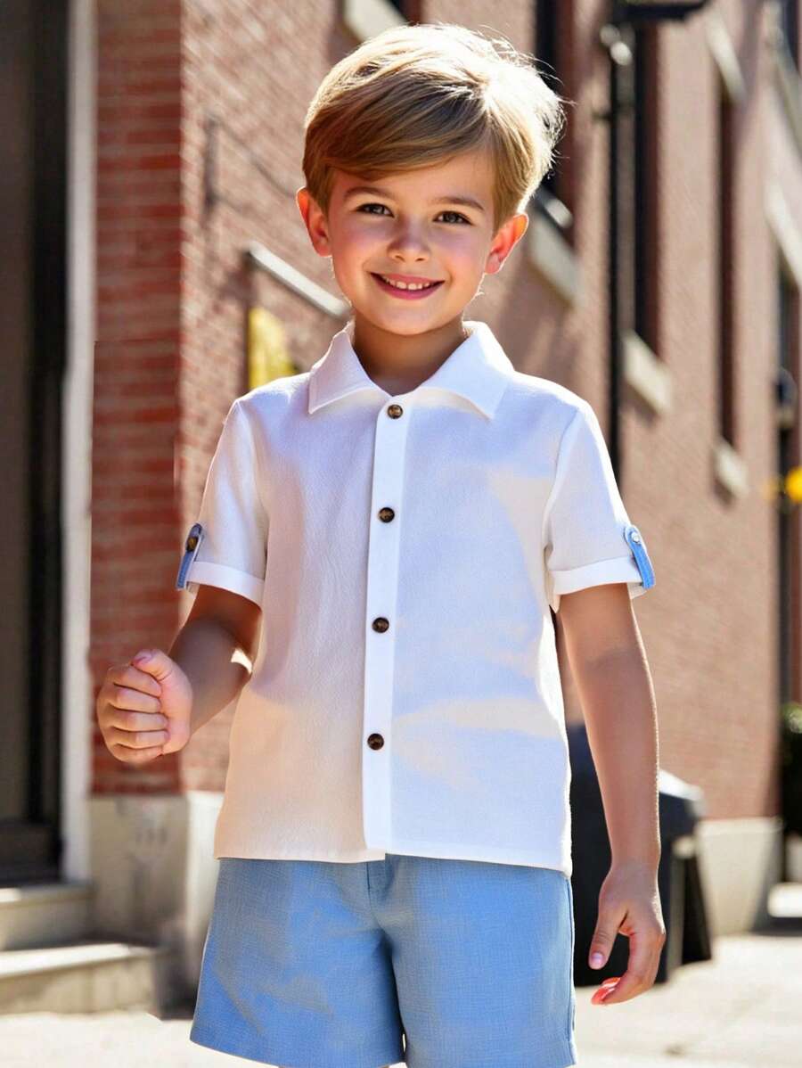 SHEIN Leap Crew Bộ 2 áo sơ mi tay ngắn màu trơn và quần short sọc cho bé trai mùa hè, thích hợp mặc đi học, đi làm vườn, đi biển, sinh nhật, thích hợp mặc vào mùa xuân, hè, thu, đông - Nhiều màu - Xem 1