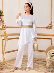 SHEIN Tween Girls Satin Material Jumpsuit With Golden Lace Belt, Elegant Luxury Fashion - White - View 1
