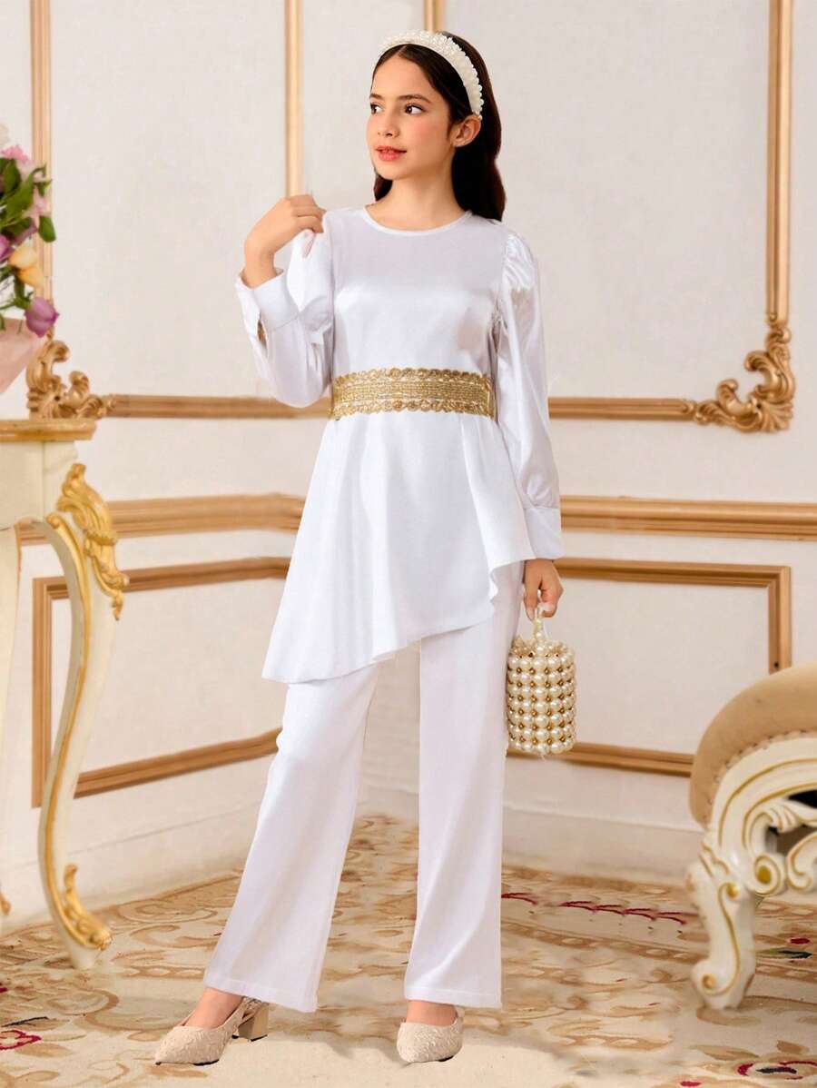 SHEIN Tween Girls Satin Material Jumpsuit With Golden Lace Belt, Elegant Luxury Fashion - White - View 1