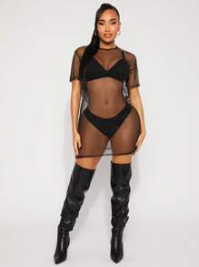 SHEIN SXY 春夏音乐摇滚节街头休闲洋气波西米亚BOHO VACAY黑色全透视网眼oversize短袖长款女T恤上衣 - 黑色 - 查看 6