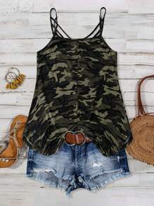 SHEIN LUNE Plus Size Women's Knitted Camouflage Front Neckline Cross Hollow Casual Daily Comfortable Camisole - Green - View 2