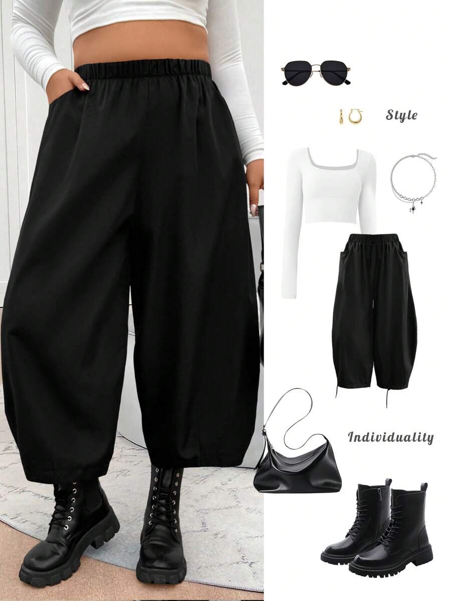Elenzga Plus Size Women Vintage Baggy Harem Pants, Carrot Pants, Wide Leg Trousers, French Style Petite Balloon Pants, Straight Leg Casual Pants, Black