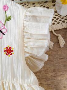 SHEIN Vintaside Kids Young Girl One Piece Pastoral Style, Fresh, Sweet And Cute, Suitable For For Picnics, Taking Photos And Punching In, Round Neck Embroidered Butterfly Leaves, Small Cap Sleeves And Hem Embroidered Small Flowers White Dress - Apricot - View 5