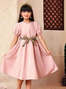 SHEIN Tween Girls Puff Sleeve Geometric Belt Cinched Waist A-Line Dress