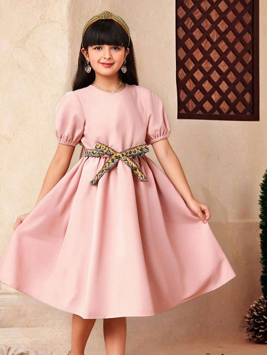 SHEIN Tween Girls Puff Sleeve Geometric Belt Cinched Waist A-Line Dress