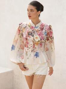 Aveloria Rosie Elegante camisa de señora de manga larga con cuello alto romántico, botones, cintura ceñida y estampado floral