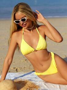 SHEIN Swim Women Summer Beachwear Sets For Women, Yellow Textured Fabric Shoulder Strap Simple Summer Vacation 2 Pieces Bikini Swimwear - Yellow - View 5