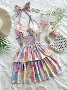 Soleia Váy mini bánh cưới mùa xuân và mùa hè, cổ chữ V, thắt eo, dáng chữ A, dành cho nữ, ngày lễ, tiệc trà chiều, lễ hội âm nhạc, trang phục lễ hội âm nhạc, phong cách Bohemian - Nhiều màu - Xem 1