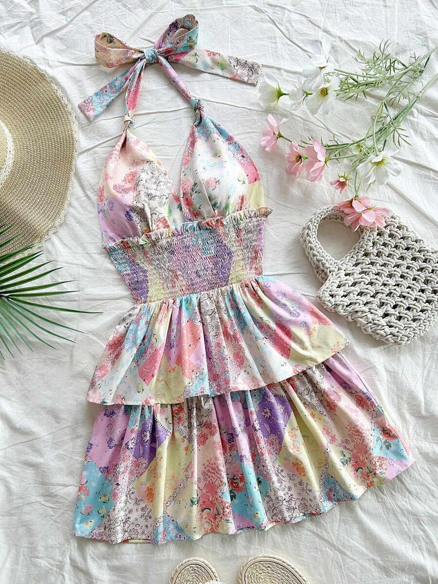 Soleia Váy mini bánh cưới mùa xuân và mùa hè, cổ chữ V, thắt eo, dáng chữ A, dành cho nữ, ngày lễ, tiệc trà chiều, lễ hội âm nhạc, trang phục lễ hội âm nhạc, phong cách Bohemian - Nhiều màu - Xem 1
