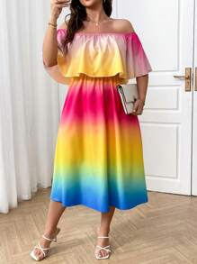 SHEIN Clasi Vestido elegante con hombros descubiertos, volantes y degradado para mujer talla grande - Multicolor - Ver 4