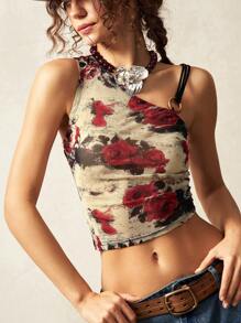 Bohemela Top de mode féminin imprimé floral asymétrique sans manches pour villégiature
