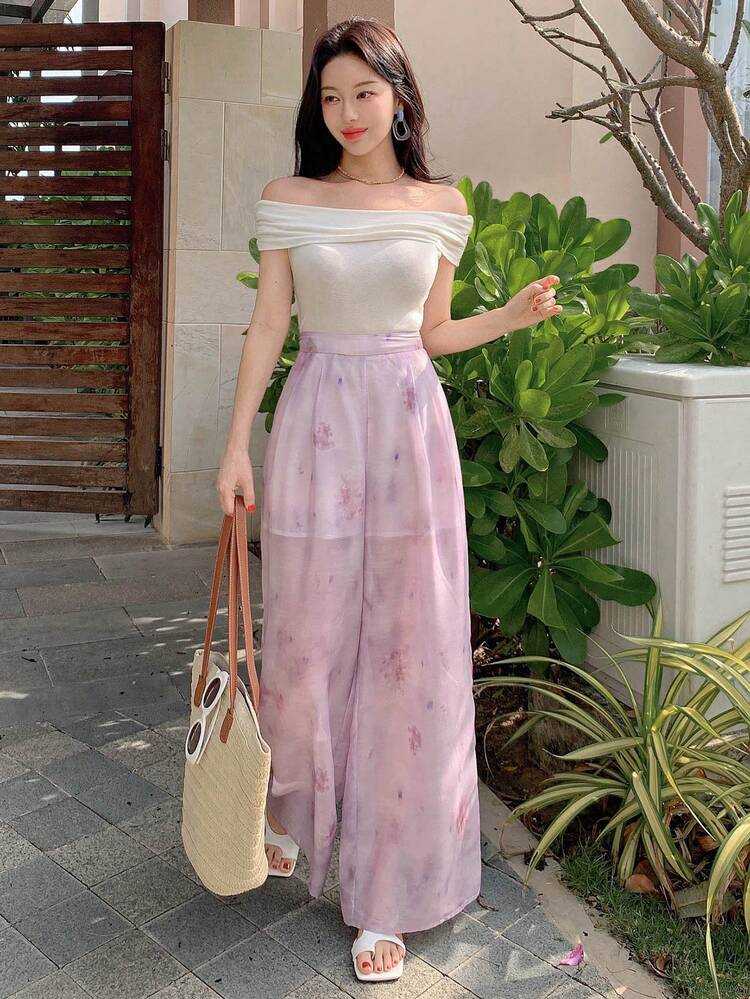 Women's New Summer Plant Print Wide Leg Pants, Loose Straight Leg High Waist Trousers, Versatile & Chic