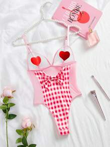 5 件套性感露胸格子连体裤（带钢圈）[连体裤 + 2 件乳头贴 + 丝袜] - 彩色 - 查看 5