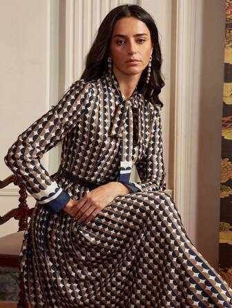 Anewsta Elaire Retro Elegant Polka Dot Print Tie Waist Shirt Collar Midi Dress