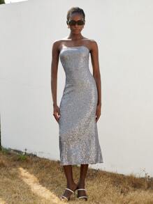 Aveloria 优雅复古派对抹胸腰部亮片面料银色长款女式连衣裙 - 灰色 - 查看 6