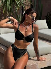 Swim SXY Ensemble de bikini noir pour femmes Springbreak avec soutien-gorge à nœud et bas à taille haute, tenue de plage bohème pour festival, vacances d'été
