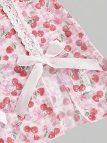 ROMWE Kawaii Sweetheart Pastoral Style Girl Cherry Full Print Lace Stitching Bowknot Sexy Dress Set - Multicolor - View 5
