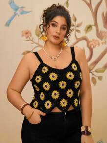 Travachic Retro Plus Size Floral Crochet Black Spaghetti Strap Top, Vacation Casual Summer Blouse For Women - Multicolor - View 1