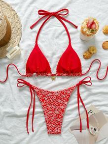 Swim Mod 2件套春假夏季度假粉色花卉纹理吊带侧系带比基尼泳装 - 紅白色 - 查看 2