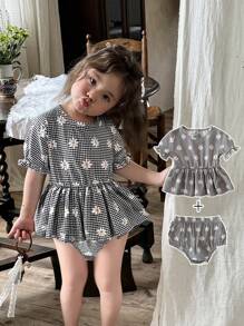 Vintaside Kids 2 件套女婴休闲可爱花卉图案格子上衣和裤子套装 - 彩色 - 查看 1