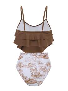 Swim Lushoire Set de 2 piezas de bikini de talle alto con volantes y estampado de árbol para mujeres, ideal para vacaciones de verano en la playa