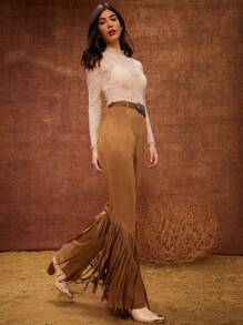WESTFADE High Rise Faux Suede Fringe Hem Western Fitted Flare Festival Pant Nashville - Camel - View 5