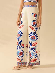 CAJUNI 女士米色热带花卉印花休闲宽松裤，夏季