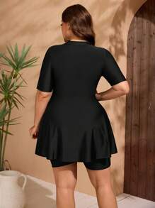 Swim Mulvari Plus Size Women's 2pcs Tankini Set - Plant Print Zipper Top With Solid High Waist Shorts, Minimalist Daily Wear, Summer Beach Vacation Burkinis - Multicolor - View 2