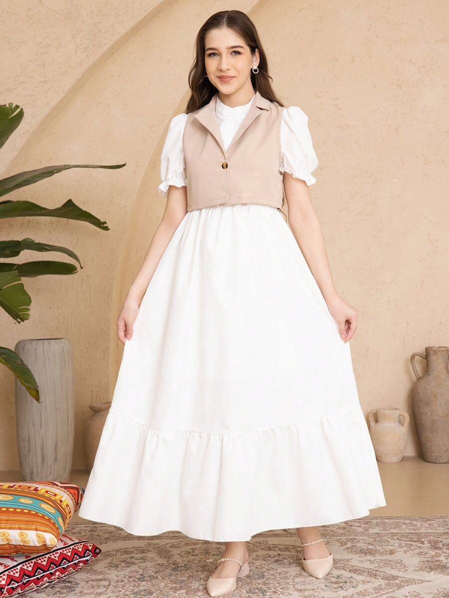 Conjunto casual de 2 piezas de vestido largo con manga abullonada y chaleco para niña adolescente - Multicolor - Ver 1