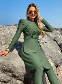 Swim Mulvari Women's Solid Color Loose Long Sleeve Top And Full Length Pants Burkini Swimsuit Set, Beach Vacation, SummerArabic Clothing - Dark Green - View 3