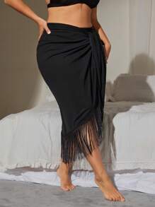 Swim Lushoire Plus Size Women 1pc Long Fringe Hem Sexy Beach Casual Vacation Matching Cover Up Skirt, Summer - Black - View 5