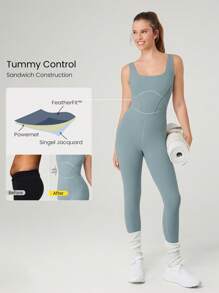 GLOWMODE Body de sport élégant pour femme d'été, combinaison 24" FeatherFit™ avec contrôle du ventre et dos ouvert, pour le yoga et la gym - Gris - Voir 3