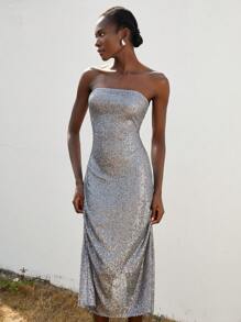 Aveloria 优雅复古派对抹胸腰部亮片面料银色长款女式连衣裙 - 灰色 - 查看 3