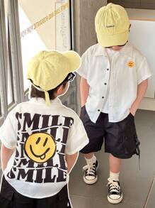 SHEIN Leap Crew 1pc Young Boys Casual Korean Style Loose Fit Back Letter & Smiling Face Print Turndown Collar Wide Strap Short Sleeve Shirt, Versatile, Comfortable Linen Blend, Suitable For Spring/Summer, Daily, Sports, Outings, School, Party, Festival, Photography, Back To School - White - View 1