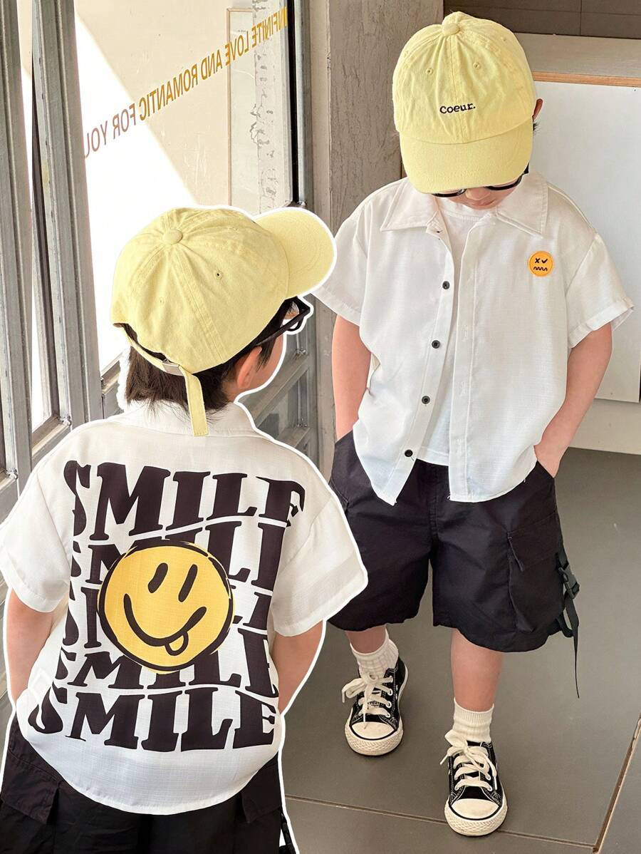 SHEIN Leap Crew 1pc Young Boys Casual Korean Style Loose Fit Back Letter & Smiling Face Print Turndown Collar Wide Strap Short Sleeve Shirt, Versatile, Comfortable Linen Blend, Suitable For Spring/Summer, Daily, Sports, Outings, School, Party, Festival, Photography, Back To School - White - View 1